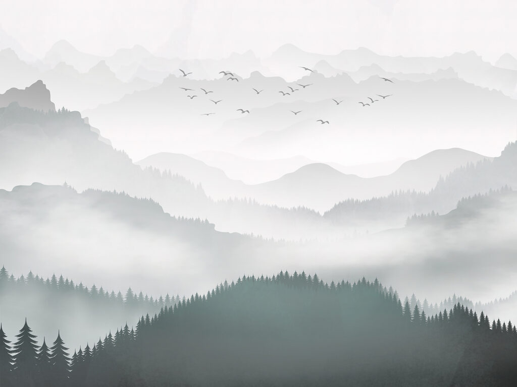 Pins noyés de brume — motif complet
