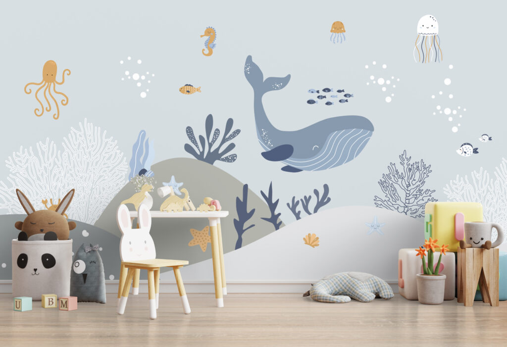 Baleine et dunes sous-marines dans un intérieur
