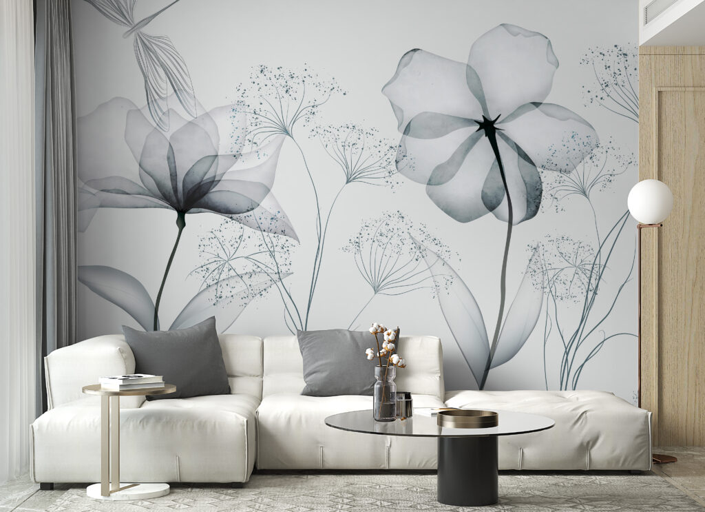 Fleurs translucides gris-bleu dans un intérieur