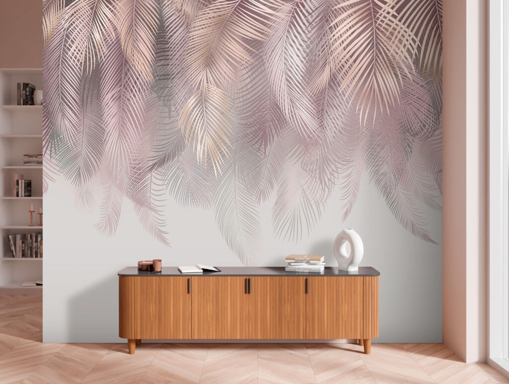 Palmes et gris chaud dans un intérieur