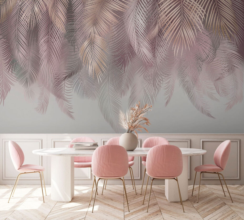 Palmes et gris chaud dans un intérieur