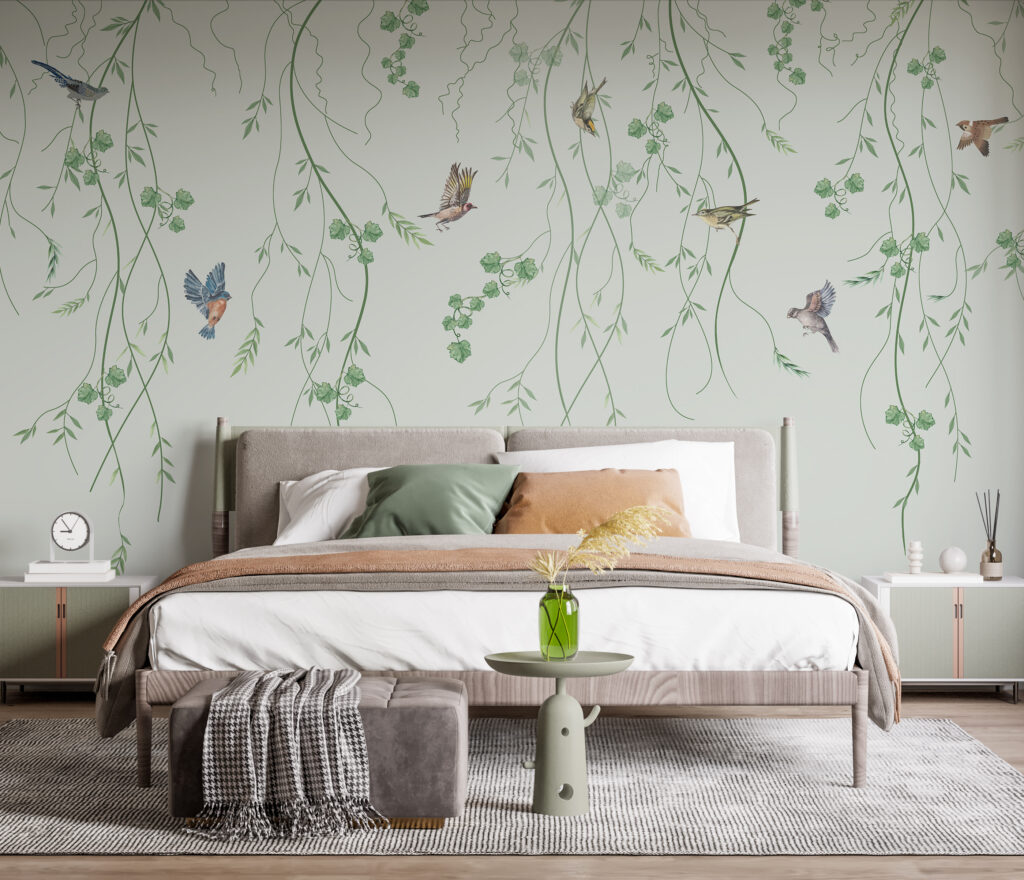 Petits oiseaux et rameaux dans un intérieur