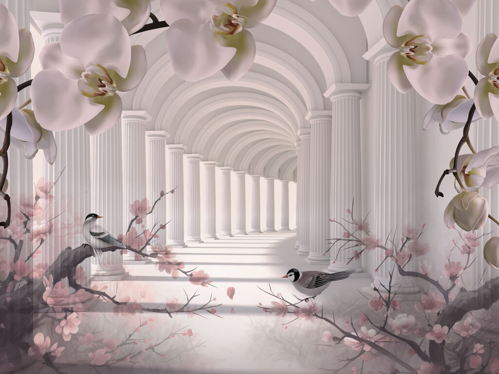 Arches blanches et oiseaux — motif complet