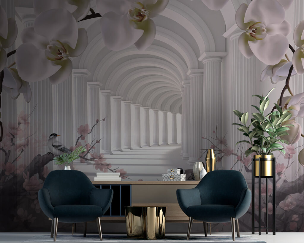 Arches blanches et oiseaux — intérieur 1