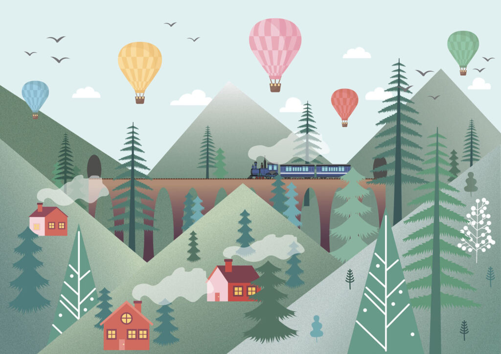 Train et montgolfières colorées — motif complet