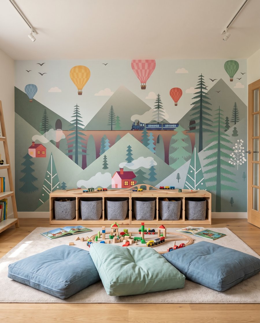 Train et montgolfières colorées dans un intérieur