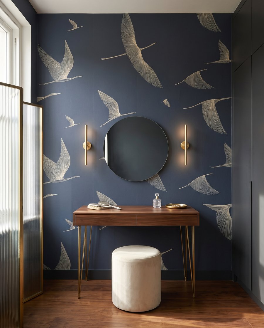 Envol d’oiseaux en bleu dans un intérieur