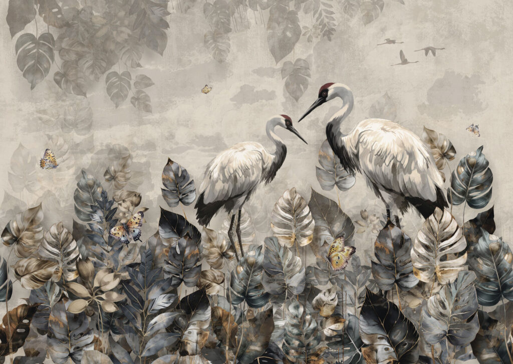 Grues parmi les feuilles — motif complet