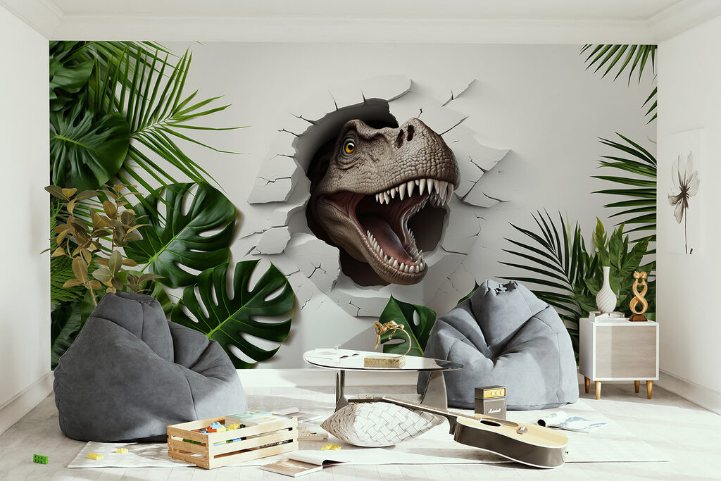 Dinosaure dans le feuillage dans un intérieur