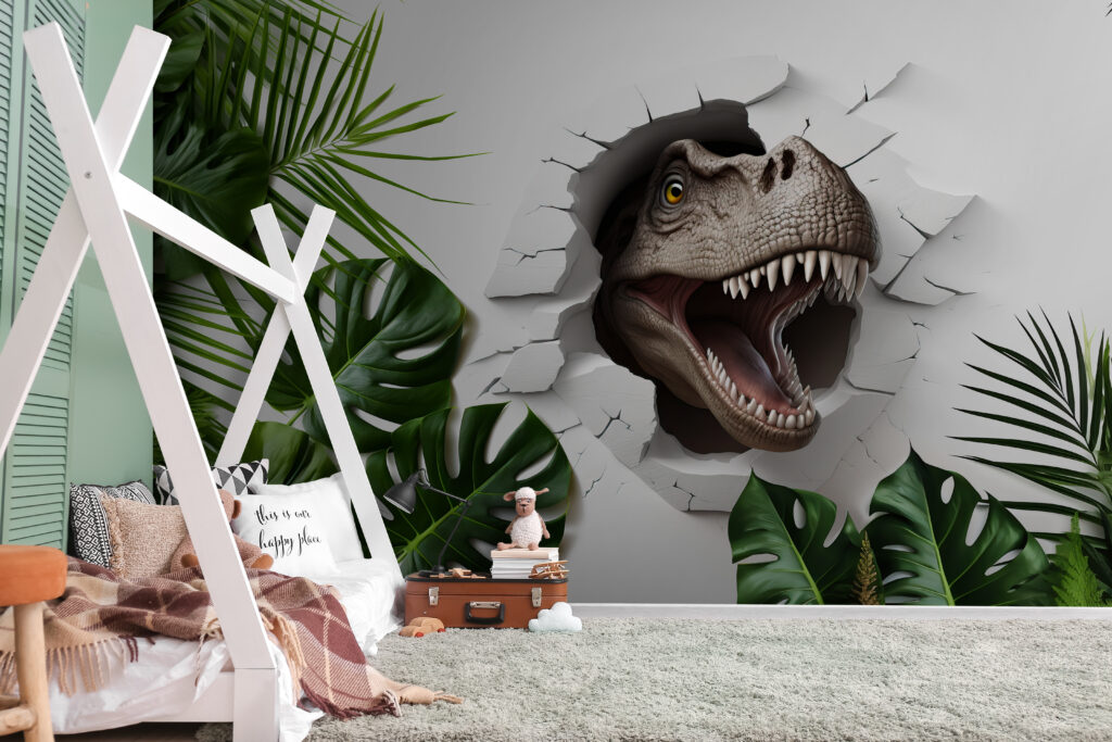 Dinosaure dans le feuillage dans un intérieur