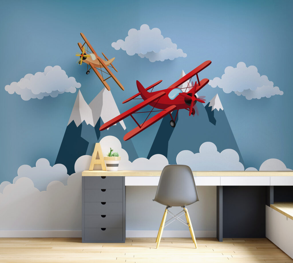 Petits avions et nuages dans un intérieur