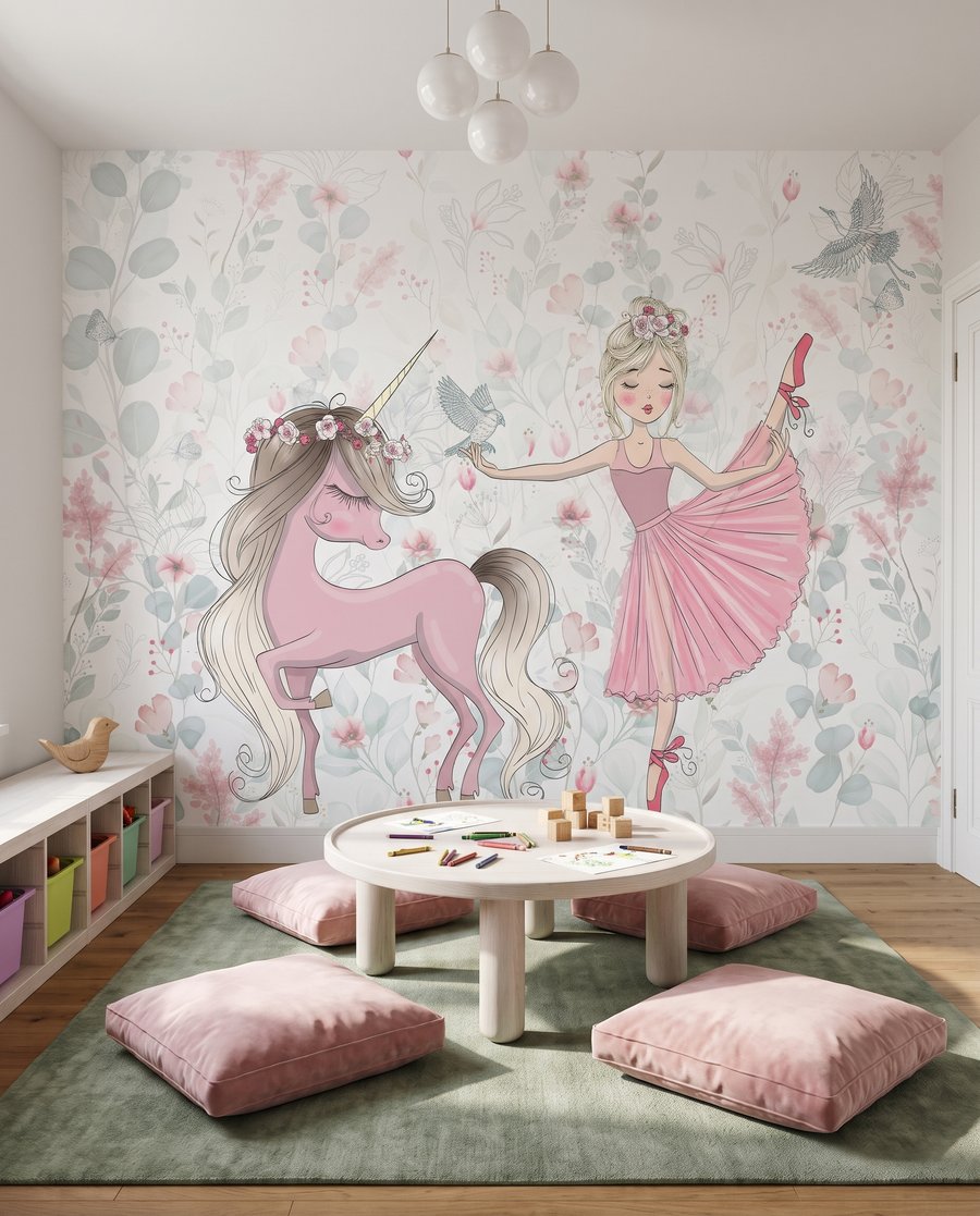 Ballerine et licorne dans un intérieur
