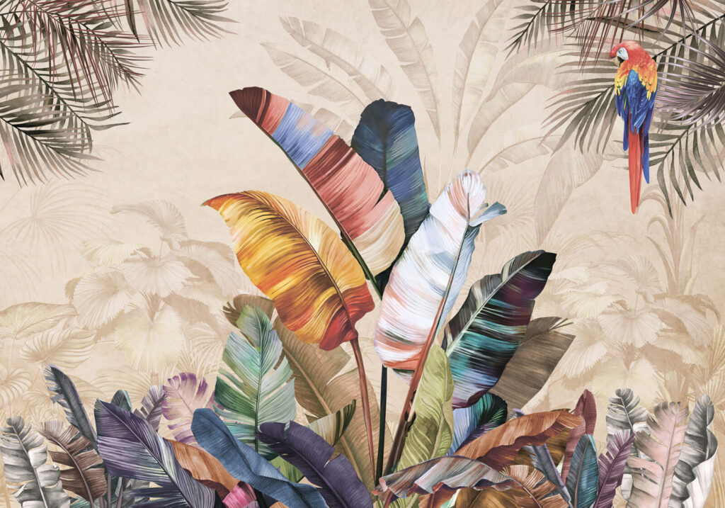 Feuillage coloré et oiseau — motif complet