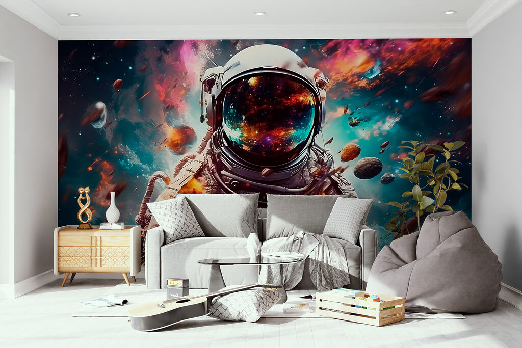 Astronaute et nébuleuse colorée dans un intérieur