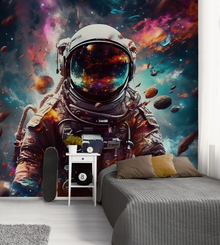 Astronaute et nébuleuse colorée dans un intérieur