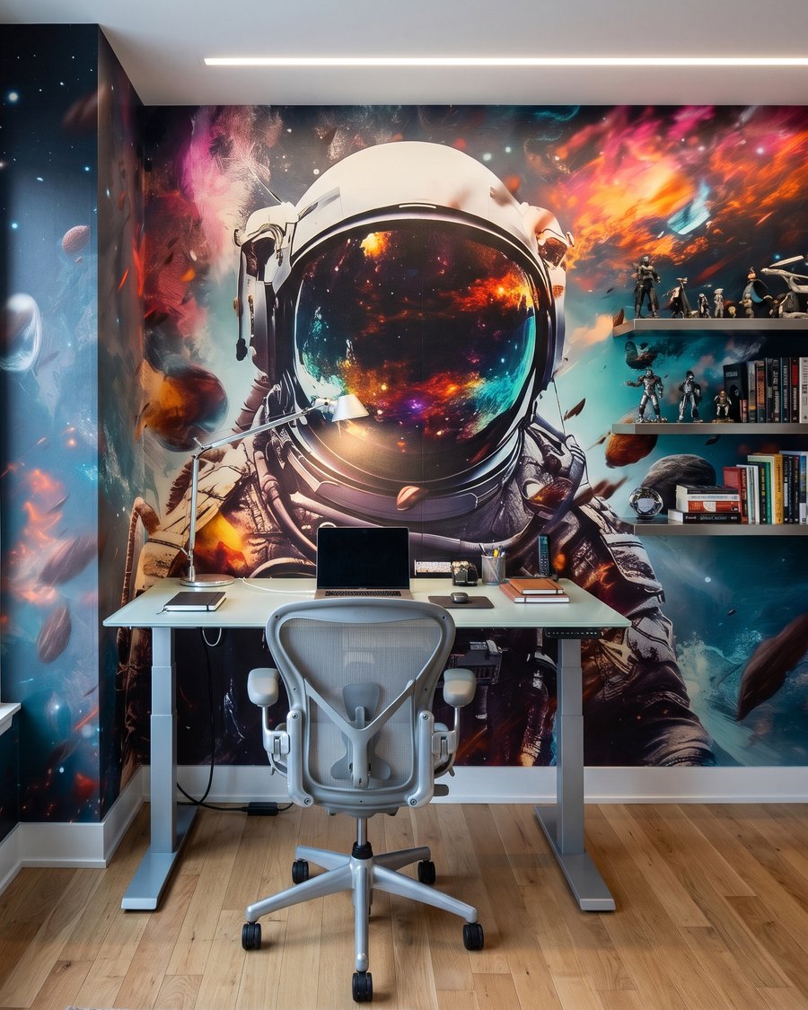 Astronaute et nébuleuse colorée dans un intérieur