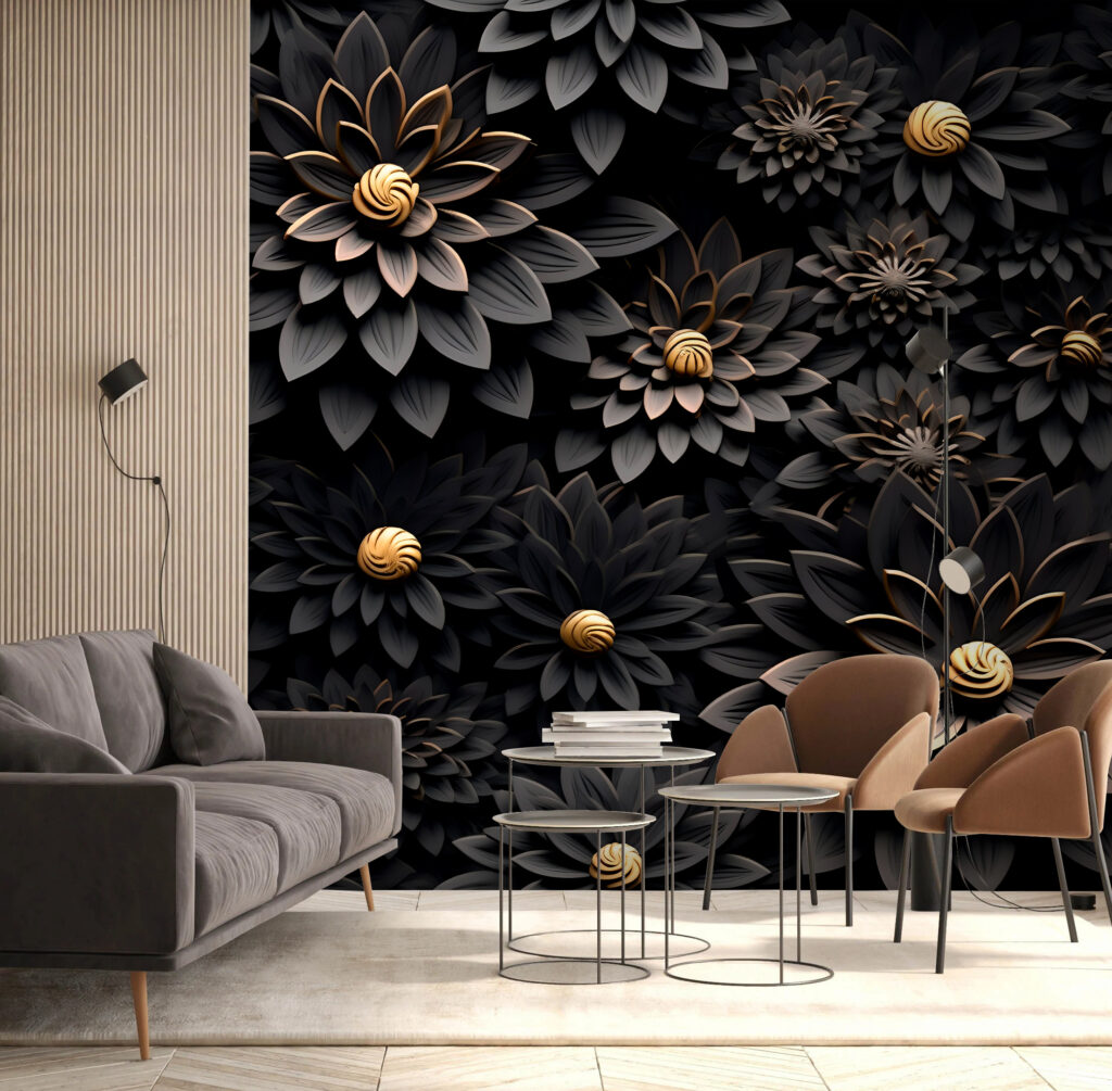 Fleurs noires, cœurs dorés dans un intérieur