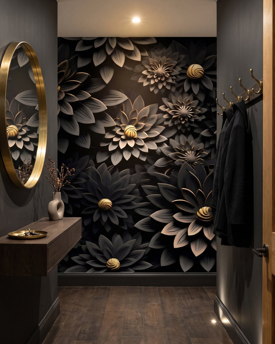 Fleurs noires, cœurs dorés dans un intérieur