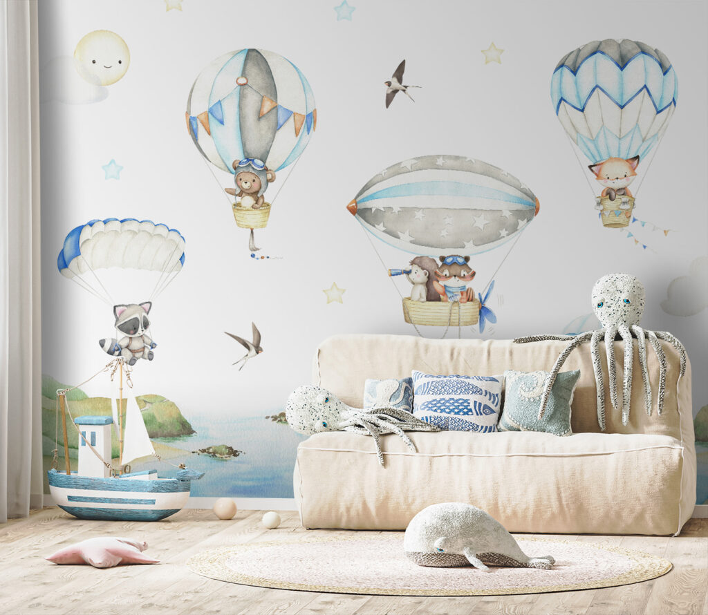 Dirigeable et parachutes dans un intérieur