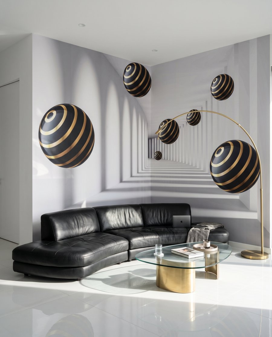 Sphères aux anneaux dorés dans un intérieur