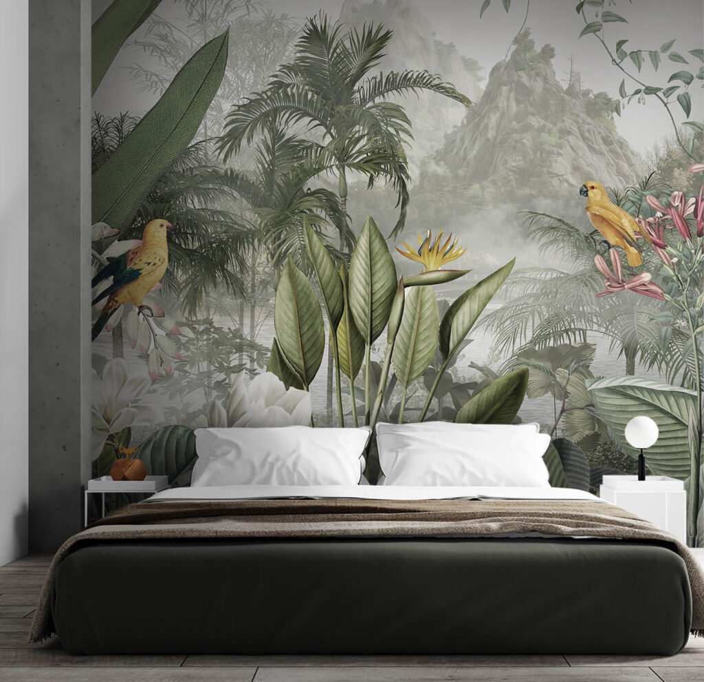 Lotus et jungle brumeuse dans un intérieur