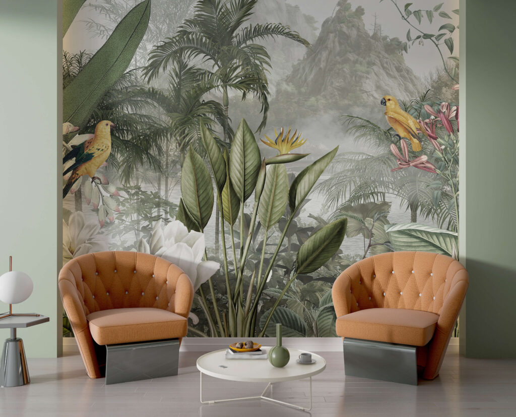 Lotus et jungle brumeuse dans un intérieur