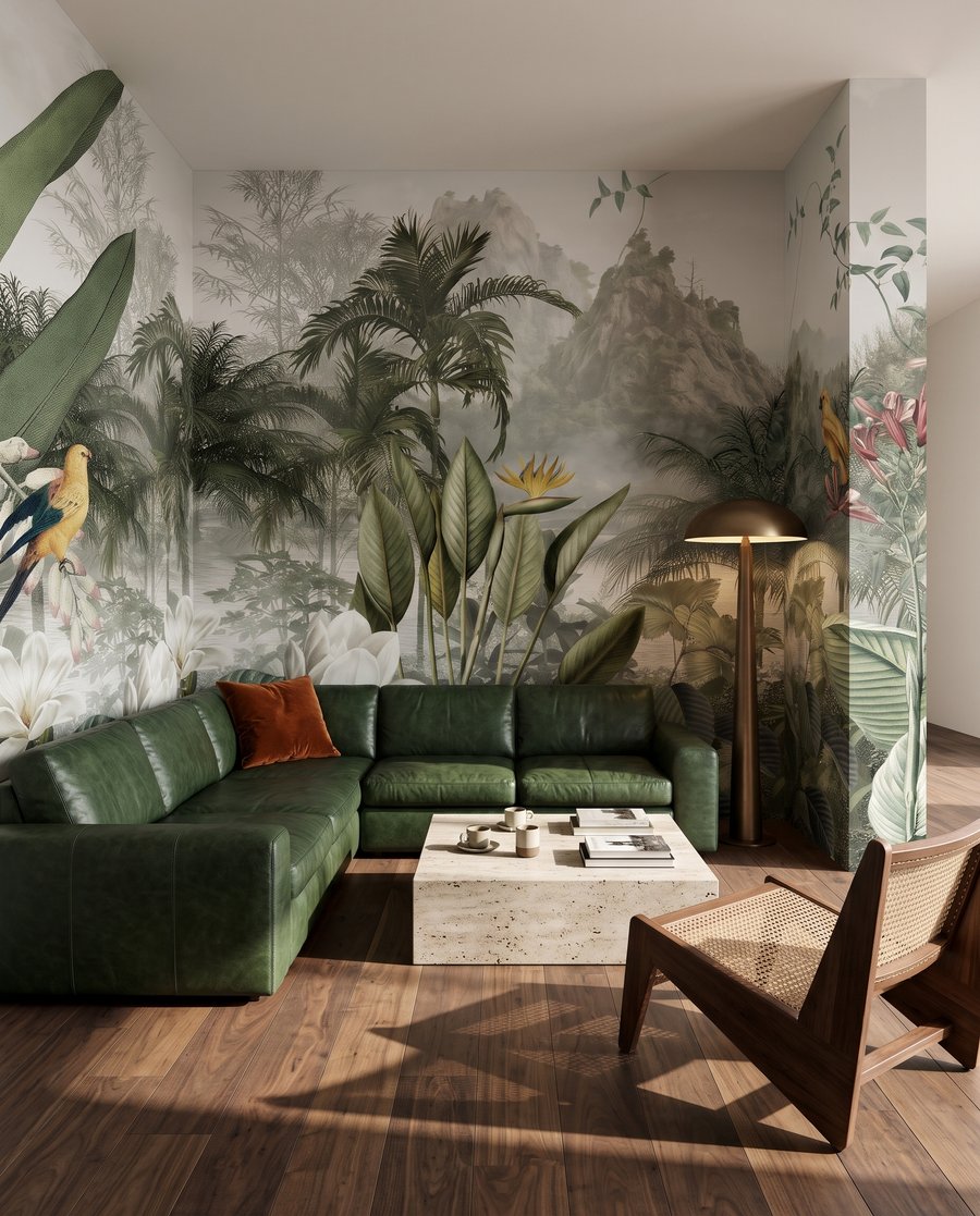 Lotus et jungle brumeuse dans un intérieur