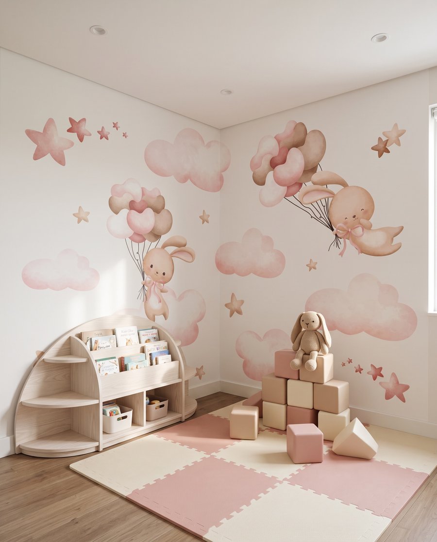 Lapins et nuages roses dans un intérieur