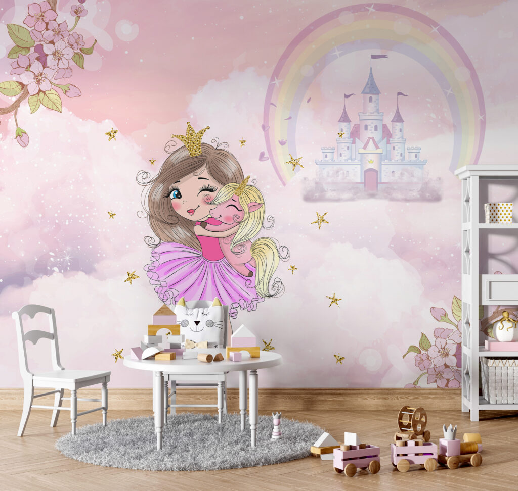 Princesse et château arc-en-ciel dans un intérieur