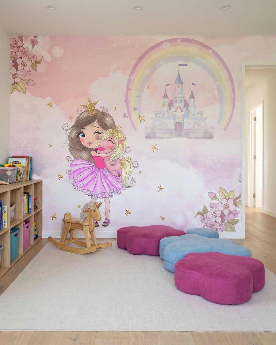 Princesse et château arc-en-ciel dans un intérieur
