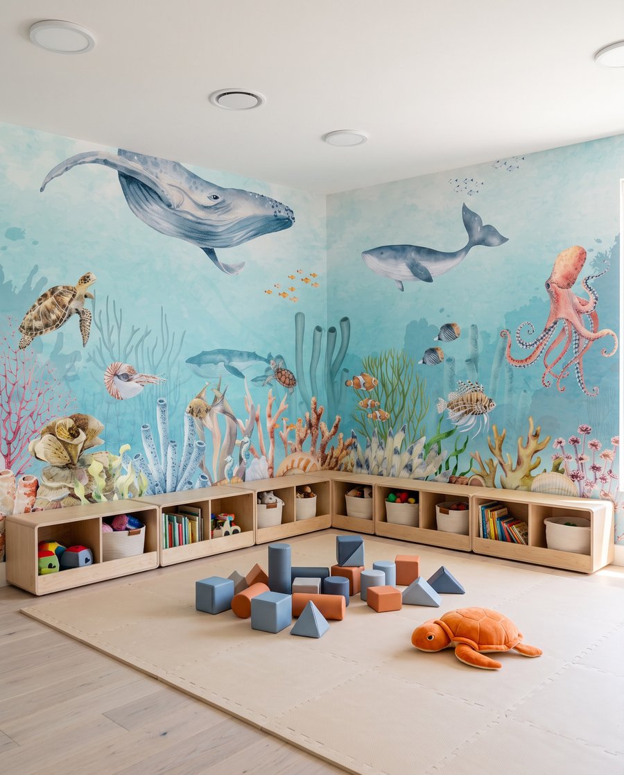 Baleines et coraux colorés dans un intérieur