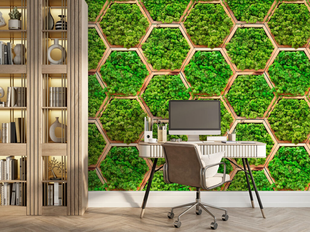 Hexagones de bois moussus dans un intérieur