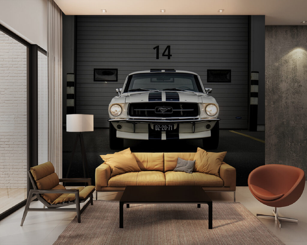 Voiture ancienne au garage dans un intérieur
