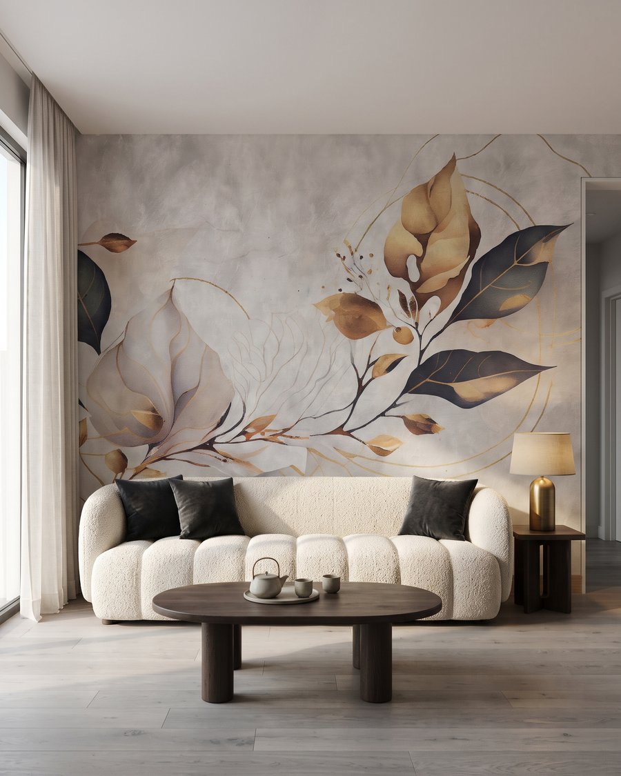 Feuilles sombres liserées d’or dans un intérieur
