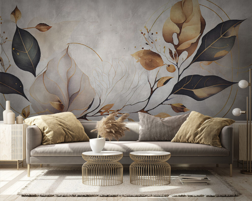 Feuilles sombres liserées d’or dans un intérieur
