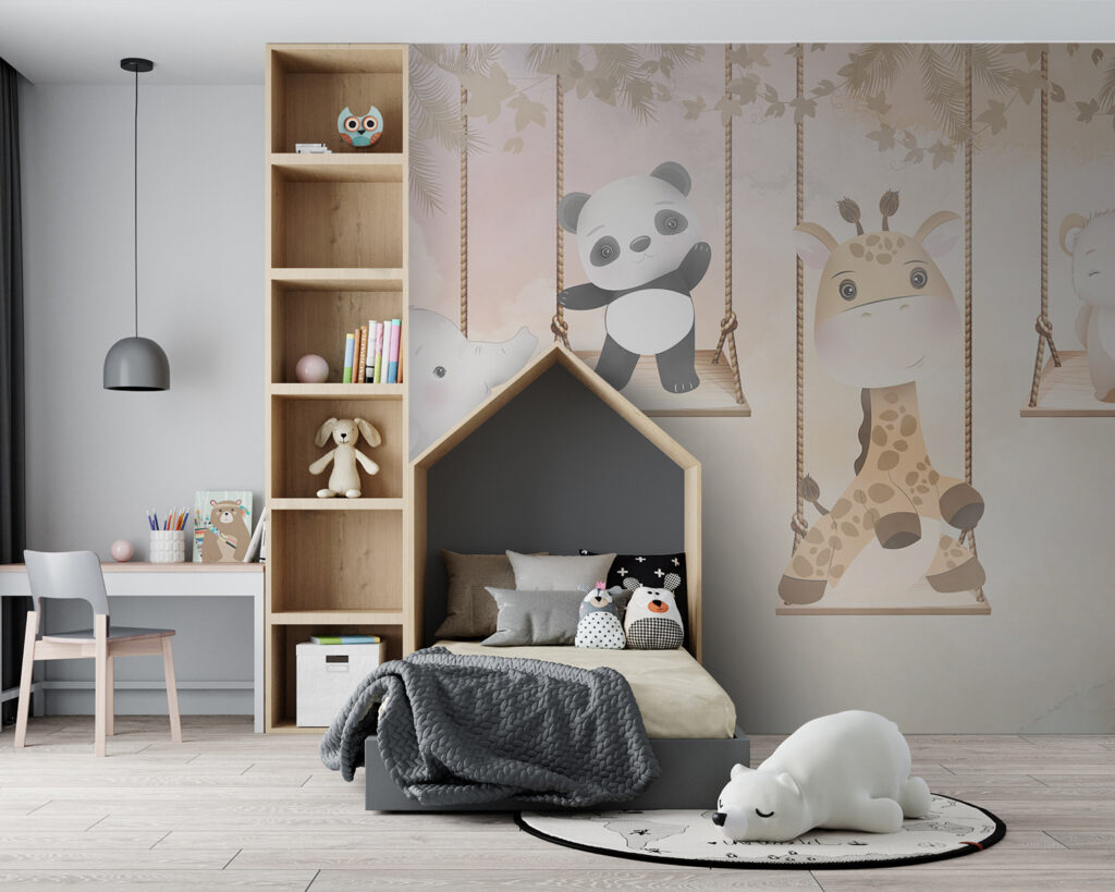 Animaux sur balançoires dans un intérieur