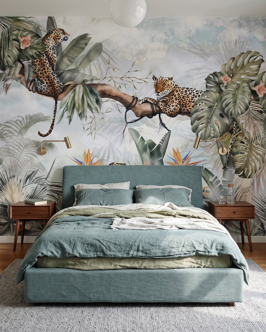 Léopards et palmiers gris-vert dans un intérieur