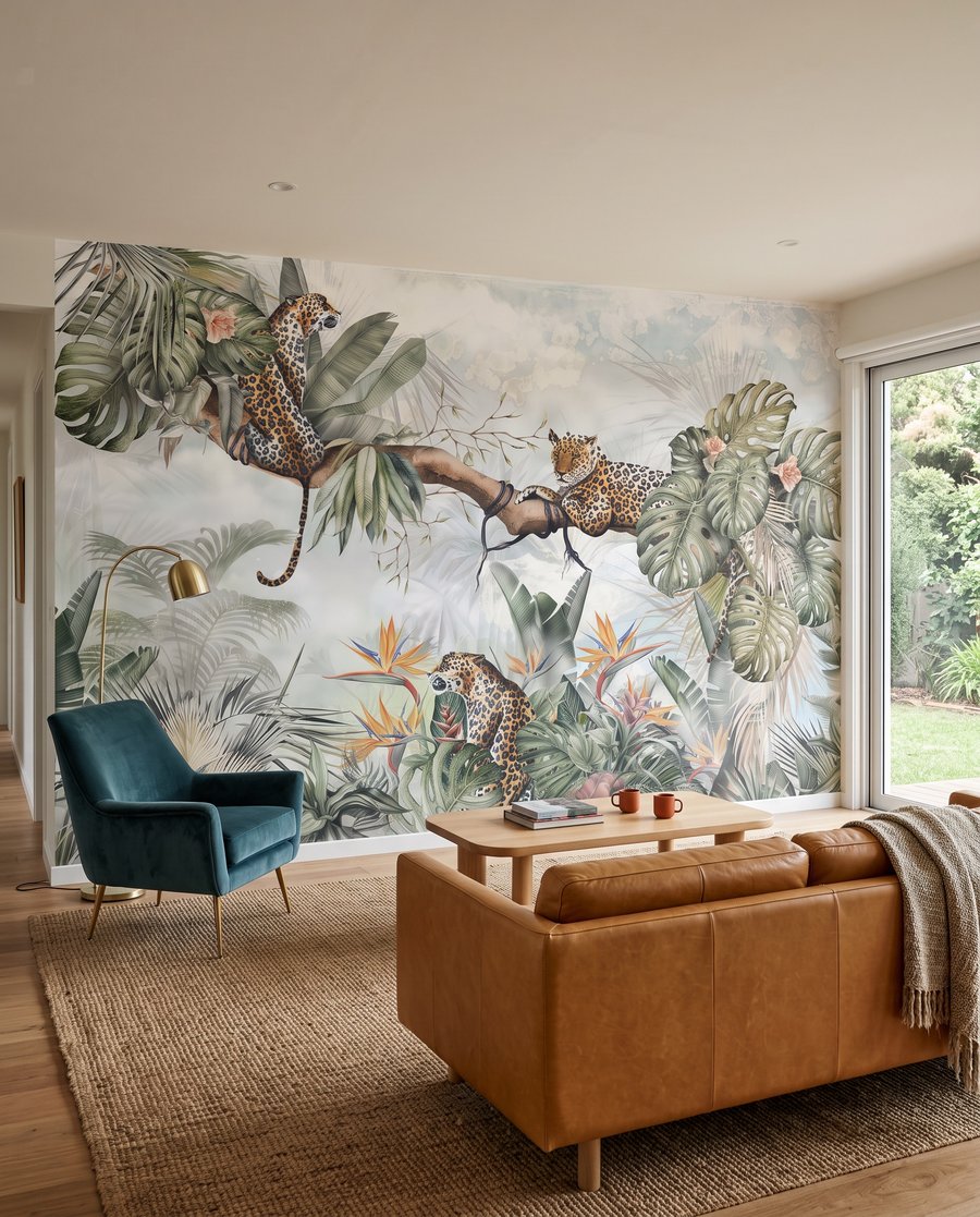 Léopards et palmiers gris-vert dans un intérieur