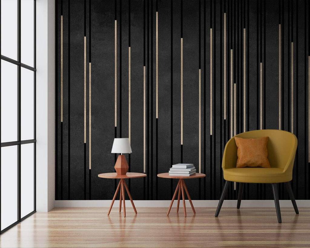 Filets d’or sur noir dans un intérieur