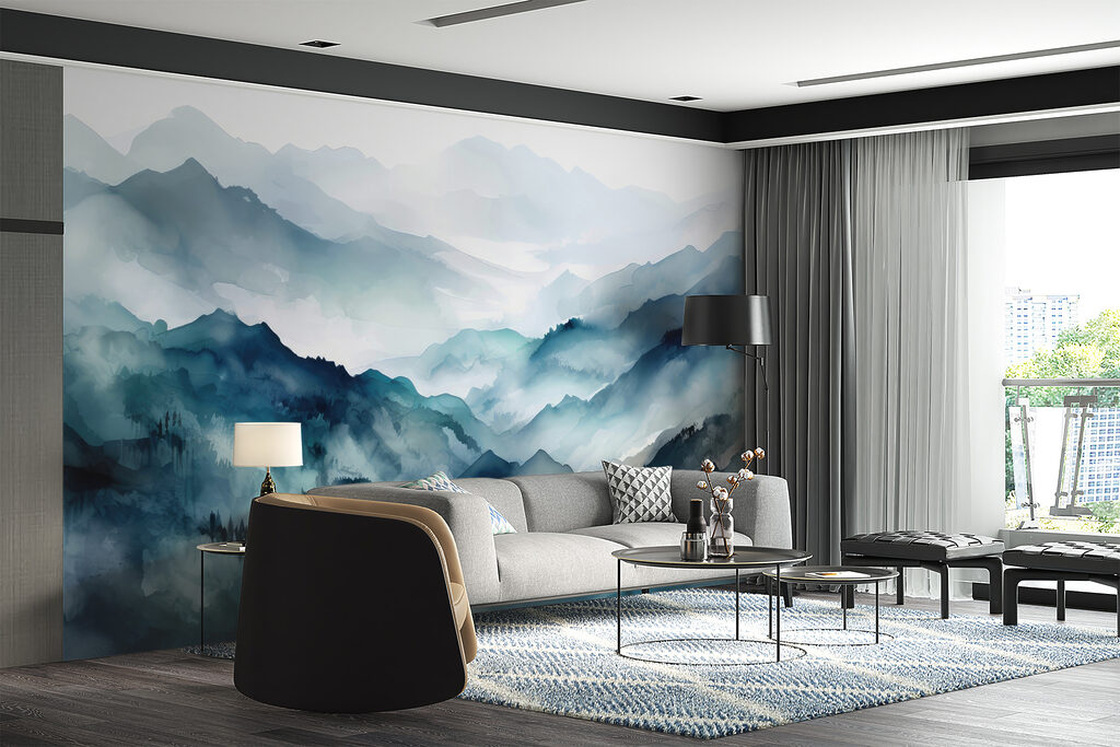 Crêtes bleues à l’aquarelle dans un intérieur
