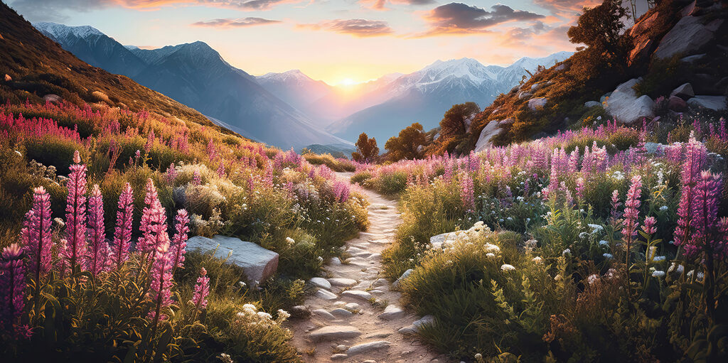 Sentier fleuri en montagne — motif complet