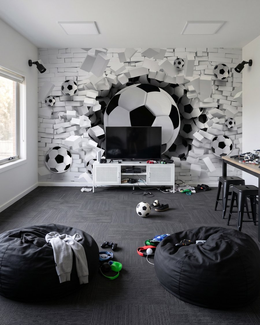 Football en trompe-l’œil dans un intérieur
