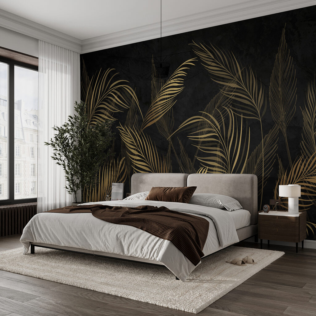 Palmes dorées sur noir dans un intérieur