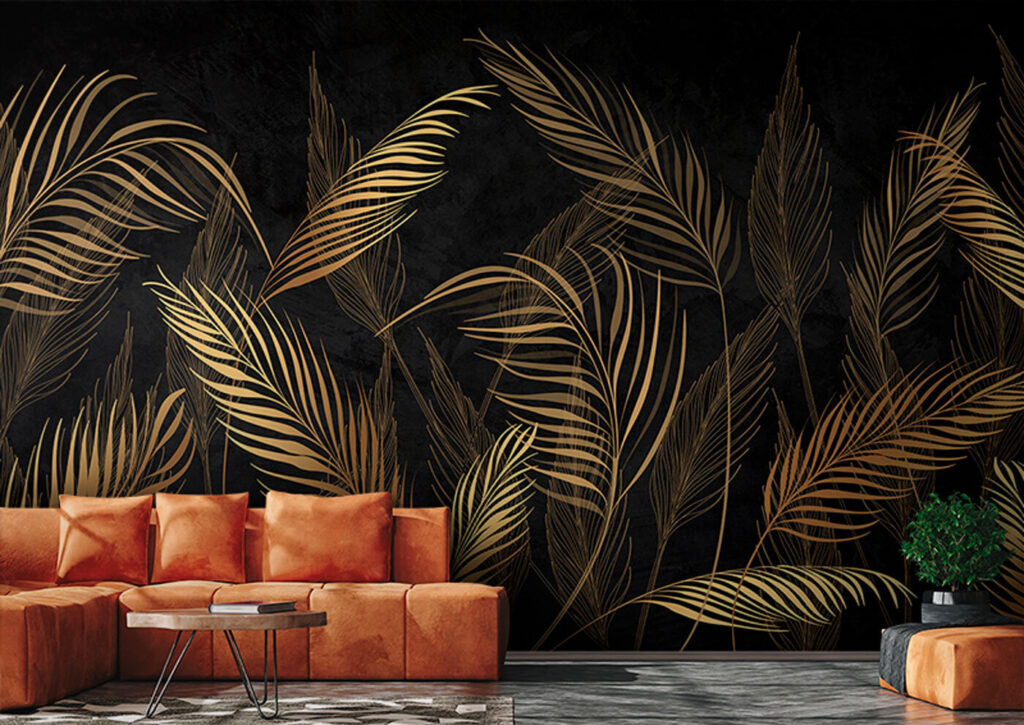 Palmes dorées sur noir dans un intérieur