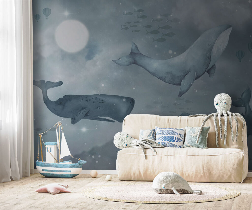 Baleines sous la lune dans un intérieur