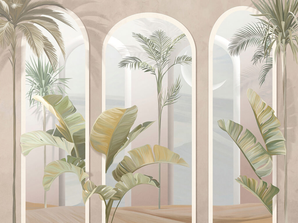 Palmiers et arcades roses — motif complet