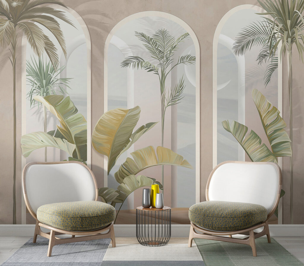 Palmiers et arcades roses — intérieur 4