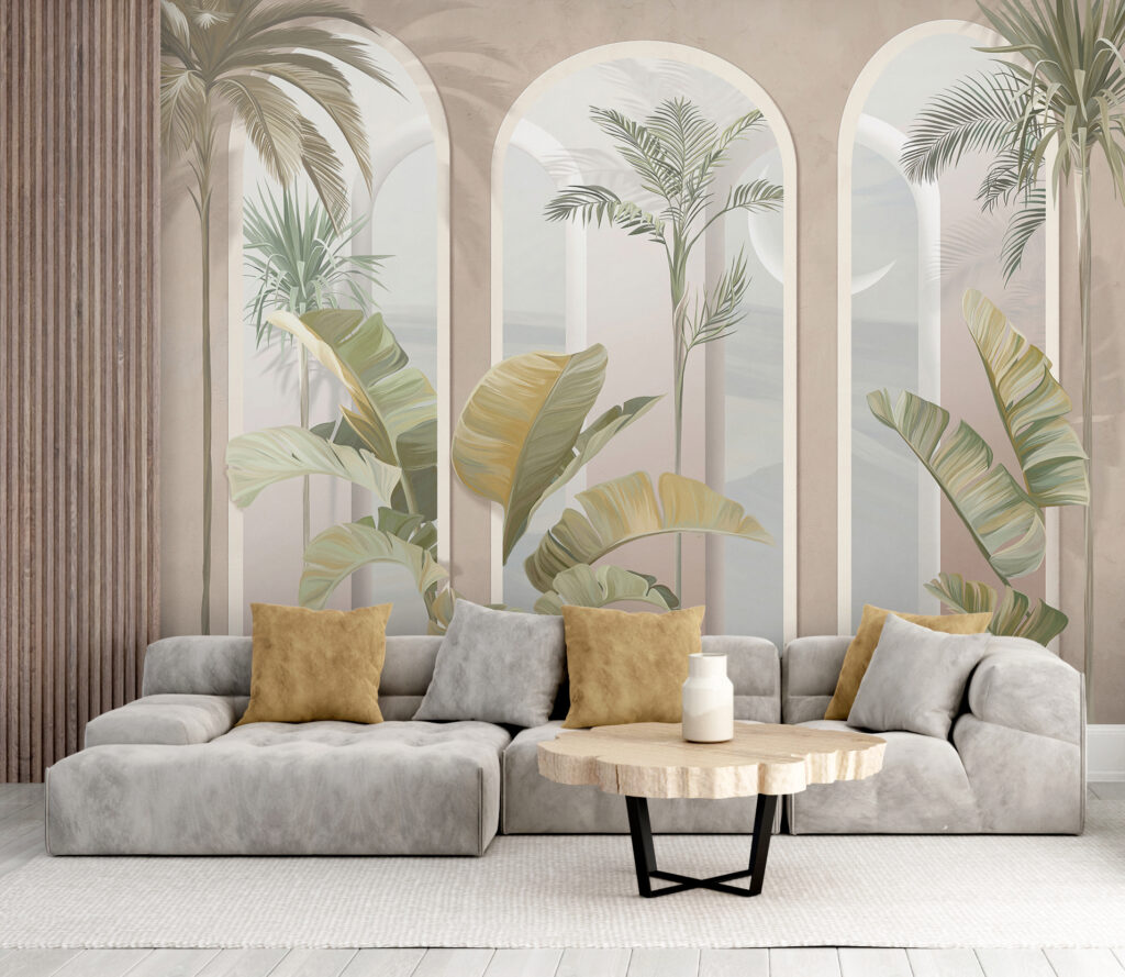 Palmiers et arcades roses dans un intérieur