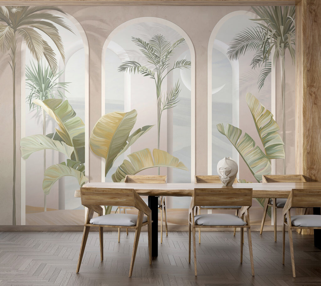 Palmiers et arcades roses — intérieur 6