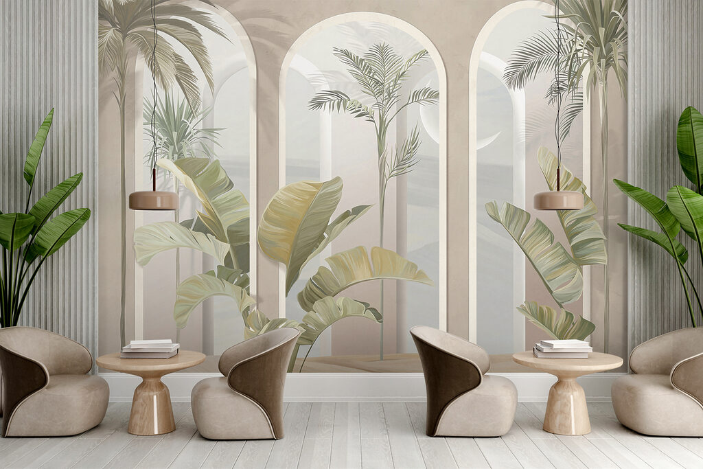 Palmiers et arcades roses — intérieur 8